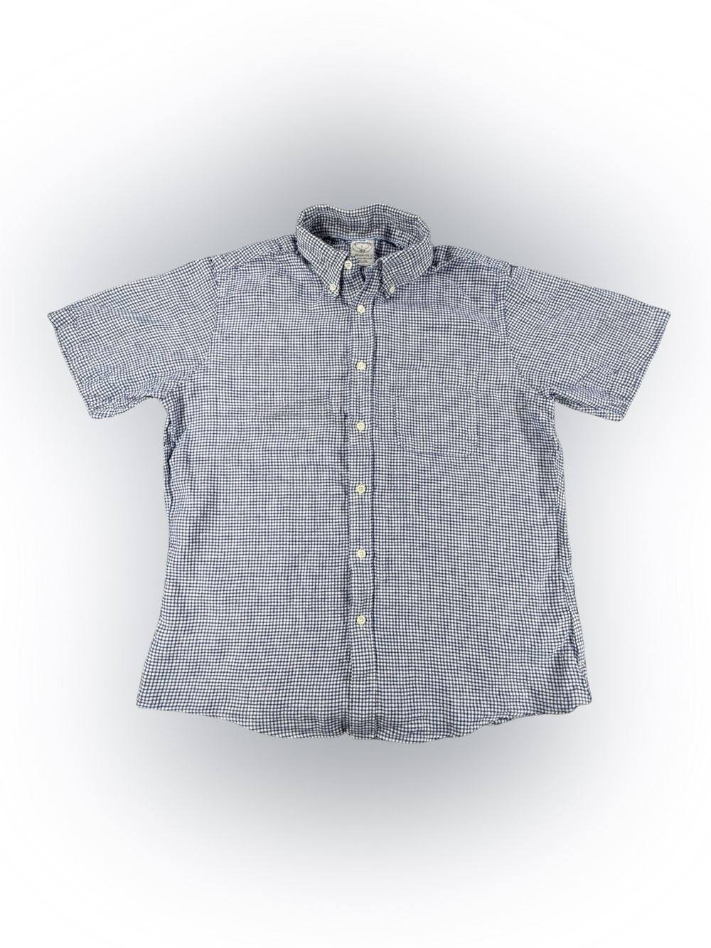 Men’s Brooks Brothers Blue Gingham Linen Short-Sleeve Button-Down Shirt Size L